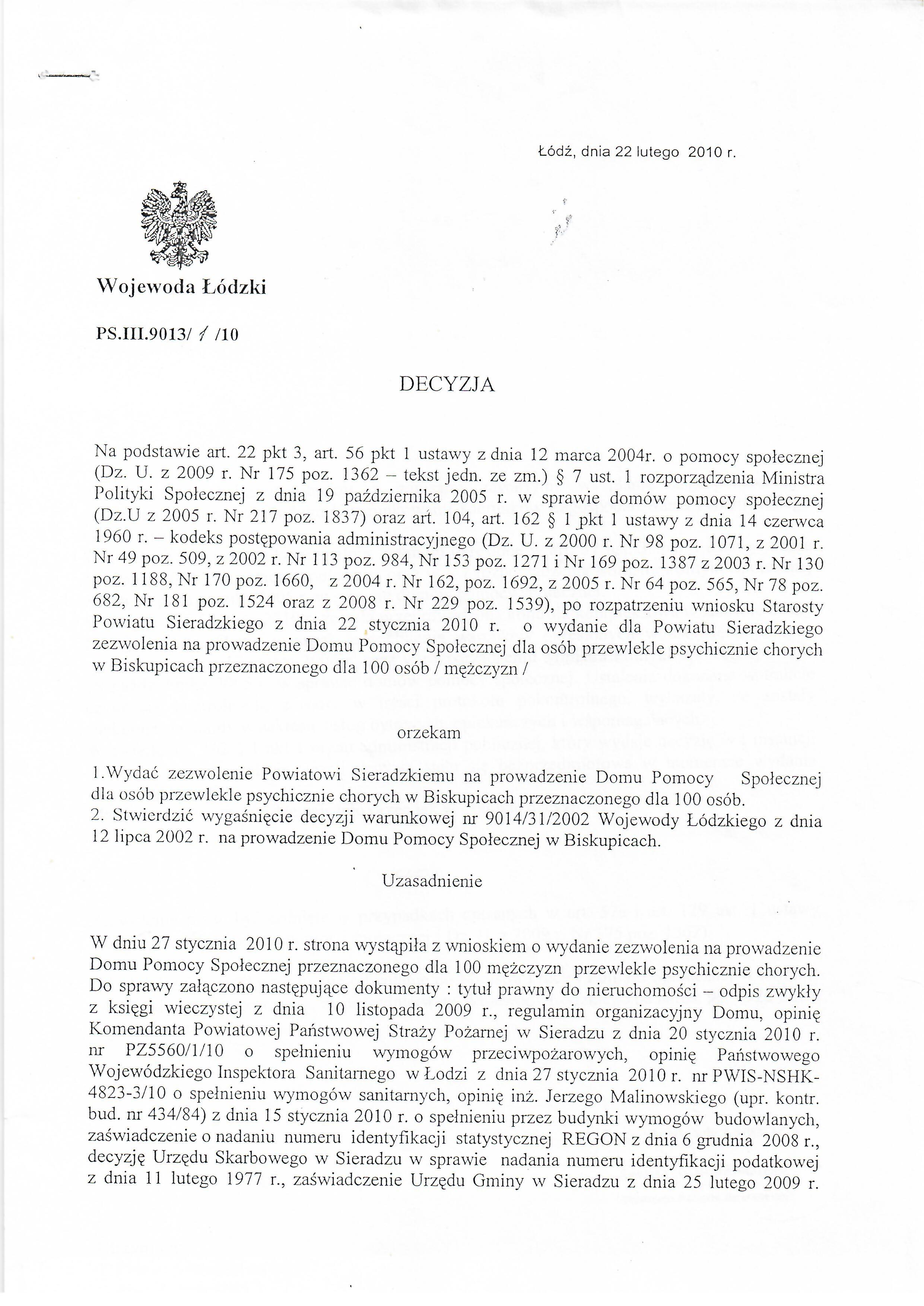 Zdjęcie Decyzja Wojewody Łódzkiego - zezwolenie na prowadzenie DPS w Biskupicach0001.jpg