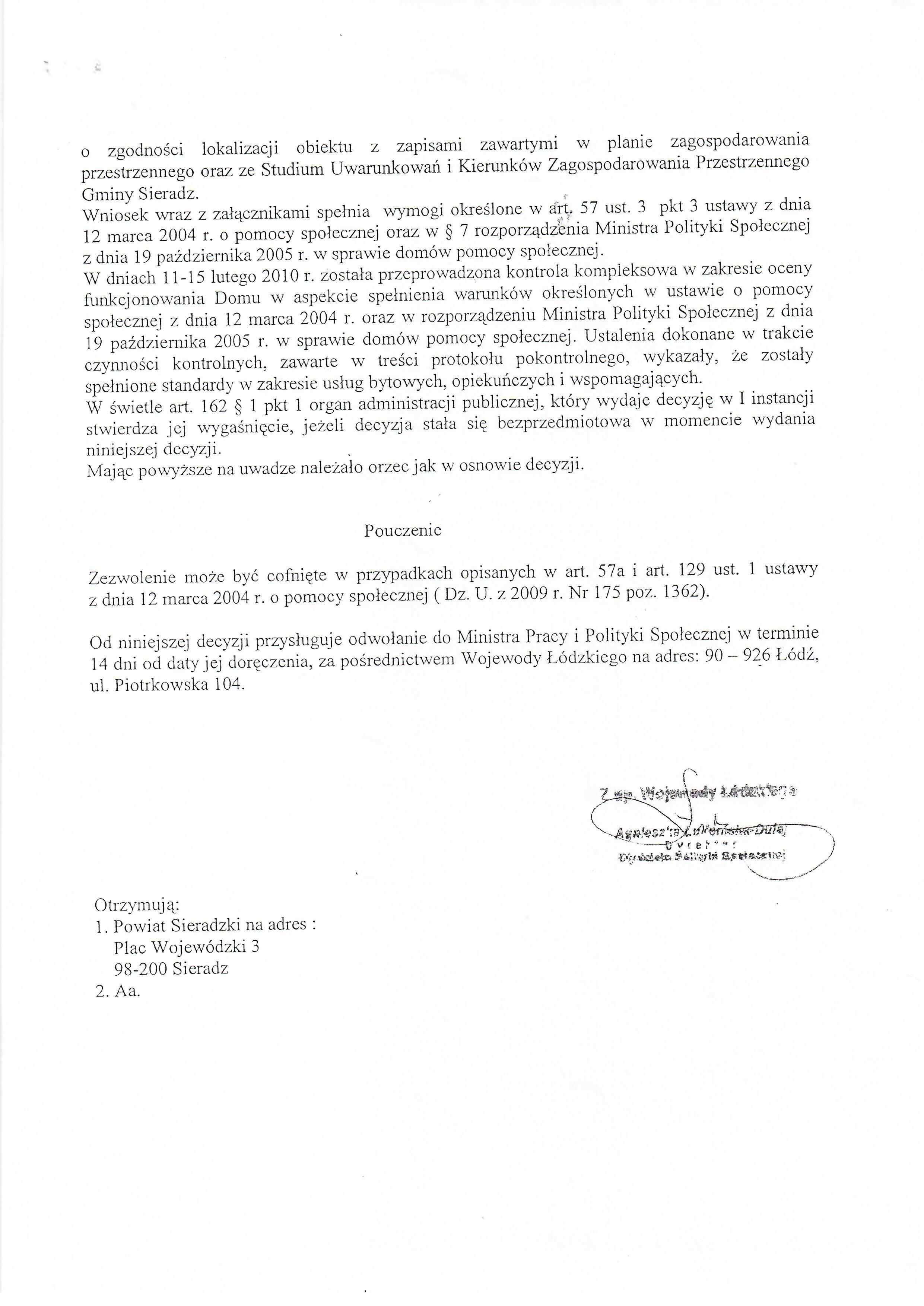 Zdjęcie Decyzja Wojewody Łódzkiego - zezwolenie na prowadzenie DPS w Biskupicach0002.jpg